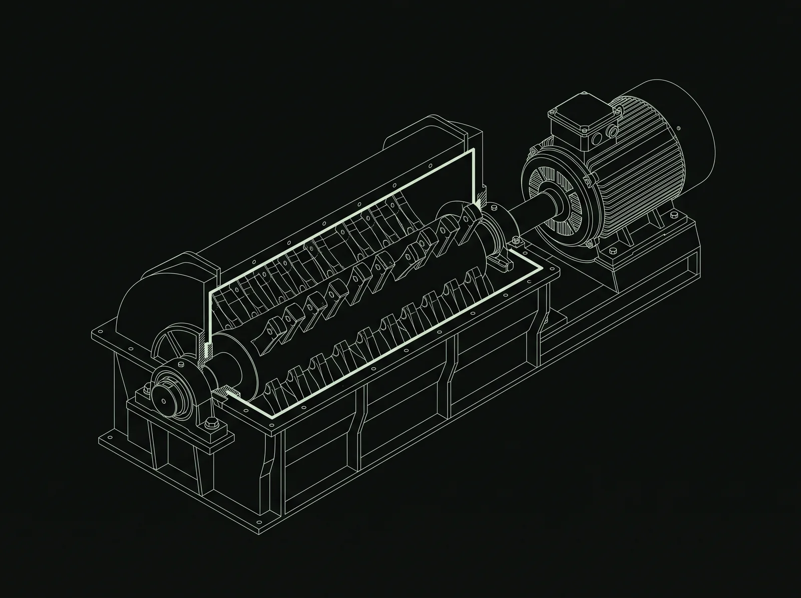 Desenho técnico do rotor de um desfibrador de cana, com os martelos oscilantes e o motor elétrico.