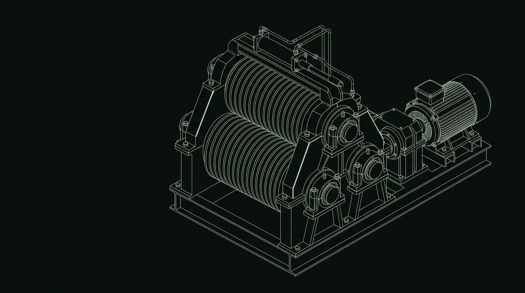 Desenho técnico de um terno de moenda: três rolos ranhurados, mancais, castelo hidráulico, redutor e motor elétrico.